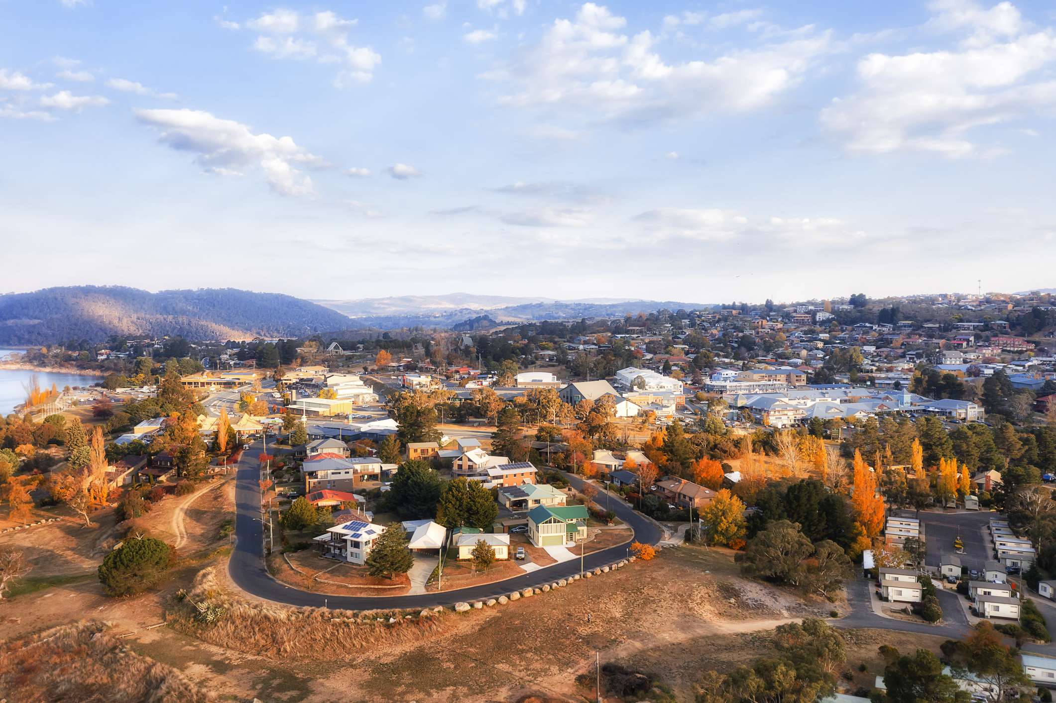 Aerial view of a small town at sunset